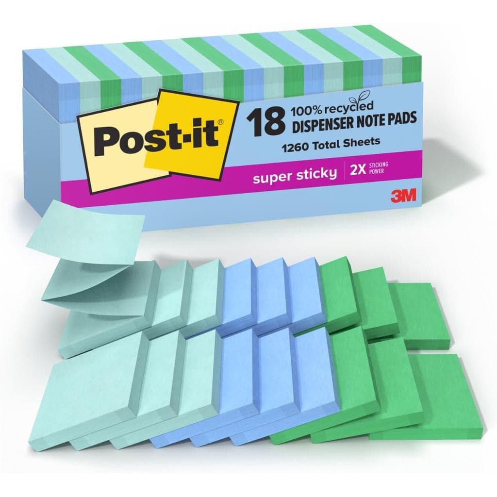 Post-it Super Sticky 100% Reciclado, Notas Pop-up, Coleção Oasis, 3 polegadas. 3 pol. x 70 folhas, 18 blocos, Material e