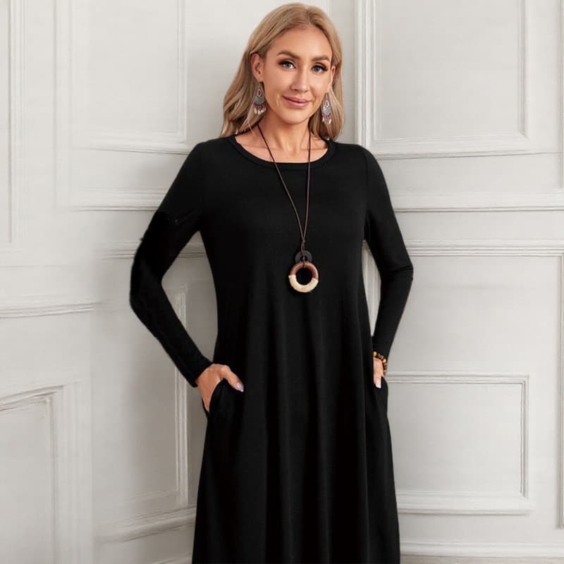 Cross-Border outono inverno novo estilo feminino cor sólida estilo Casual vestido de manga comprida bainha curvada vesti