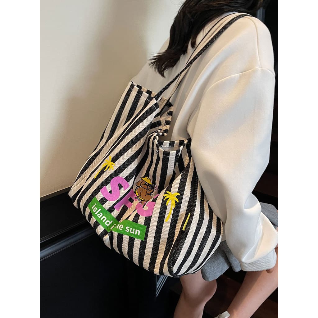 Bolsa de lona Casual de grande capacidade feminina verão novo estilo ilha filhote de cachorro sacola de compras portátil