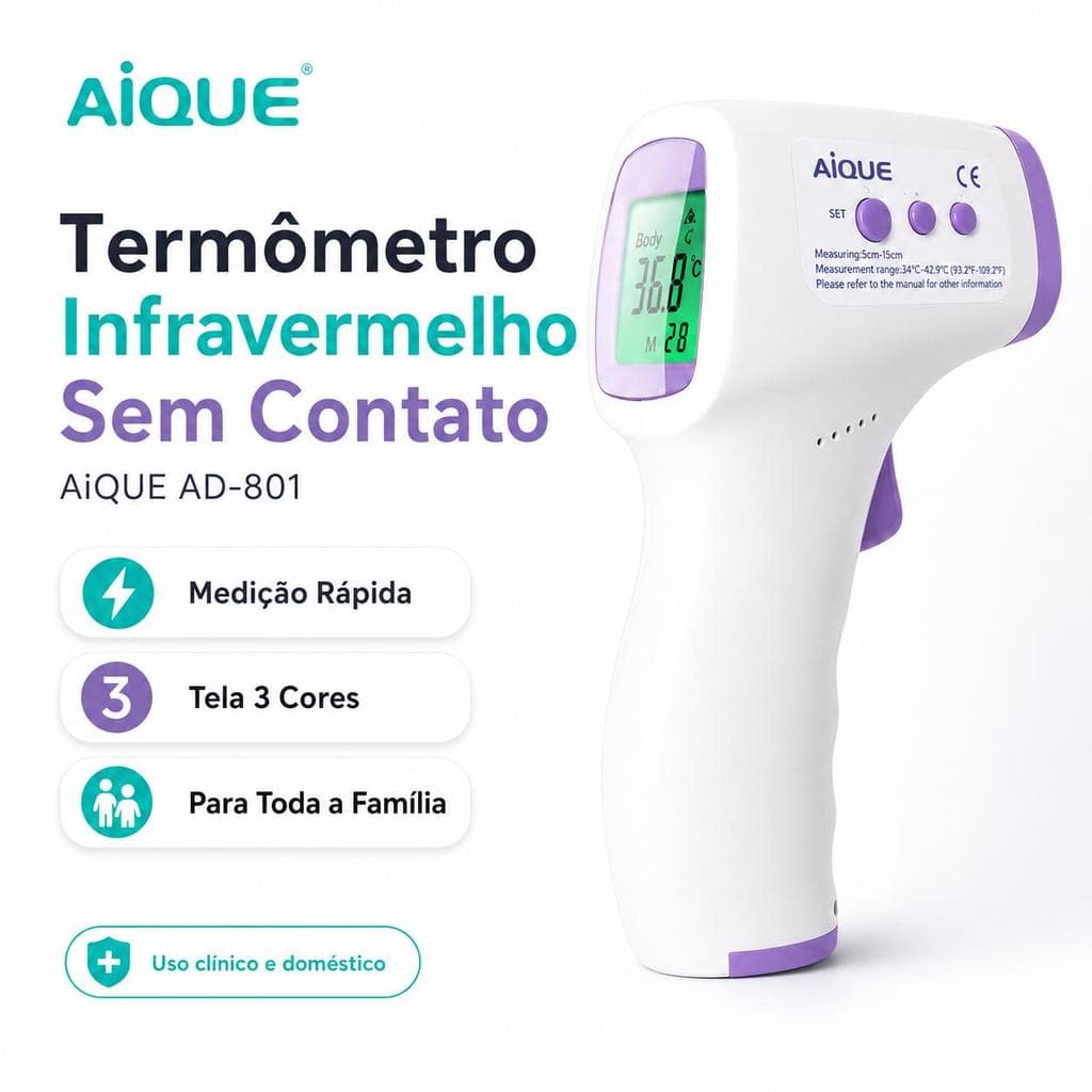 AiQUE AD-801 Termômetro Digital Infravermelho de Testa Sem Contato, Medição Rápida, Tela 3 Cores, Alerta de Febre e Avis