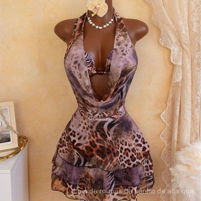 Leopard Print 4 Piece Bathing Suit Women Halter Drape Front Hollow Out Tiered Skirt Cover Up Bikini Set Pool Party Swimw