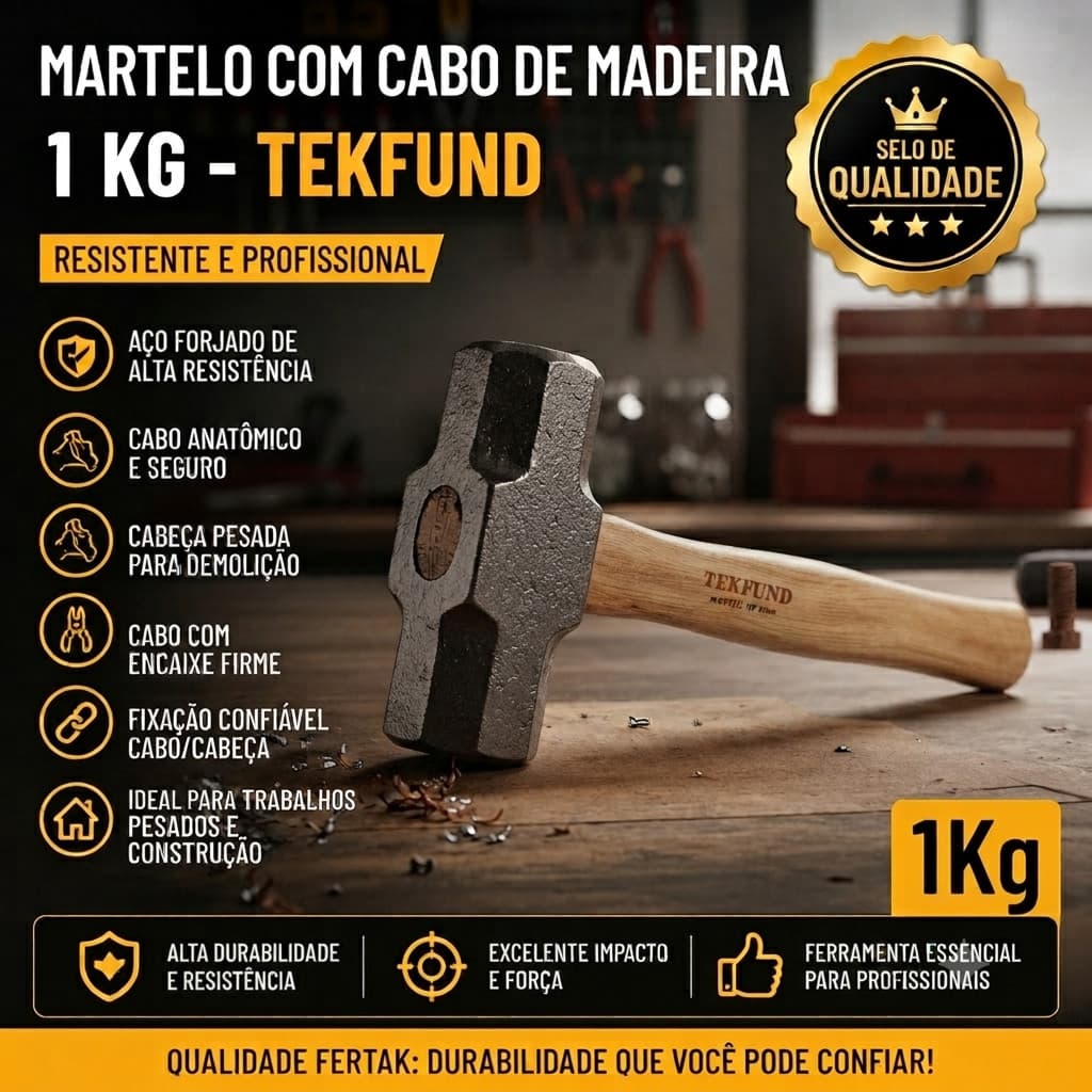 Marreta com Cabo de Madeira 1kg Tekfund Ferramenta Aço Forjado Resistente Profissional Obra
