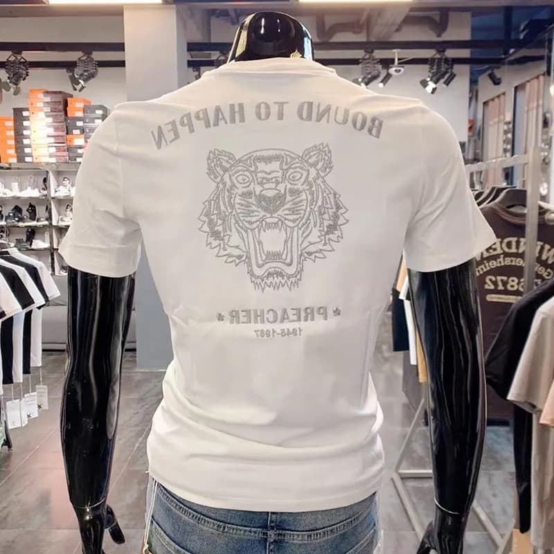 Estação europeia Street Wear tigre bordado camiseta de manga curta masculina 2022 verão novo estilo em torno do pescoço