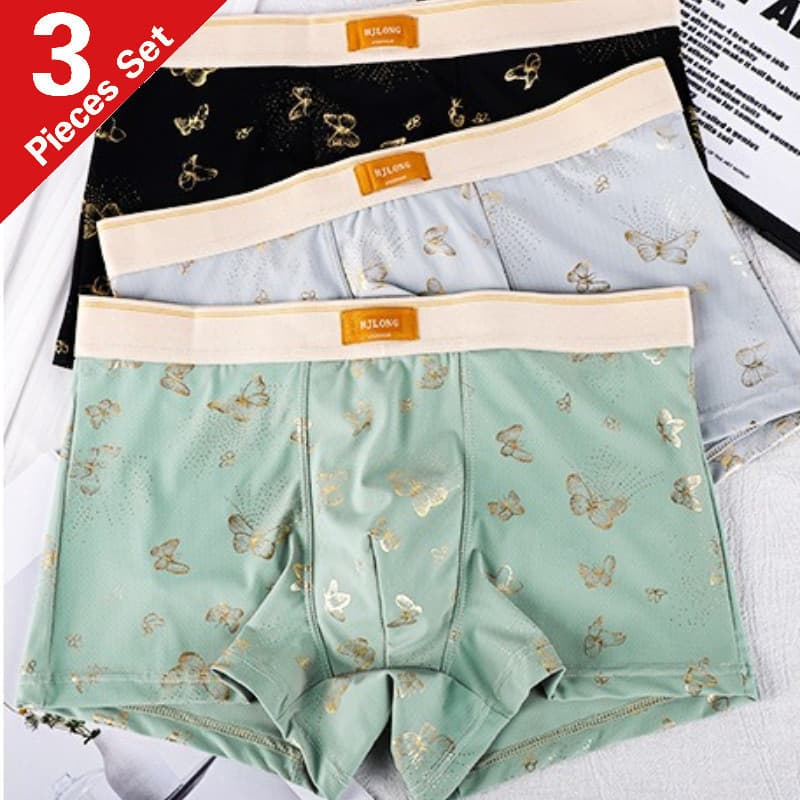 Conjunto de 3 peças - Nova e elegante roupa íntima masculina de seda gelada estampada, cintura média, tamanho grande, re