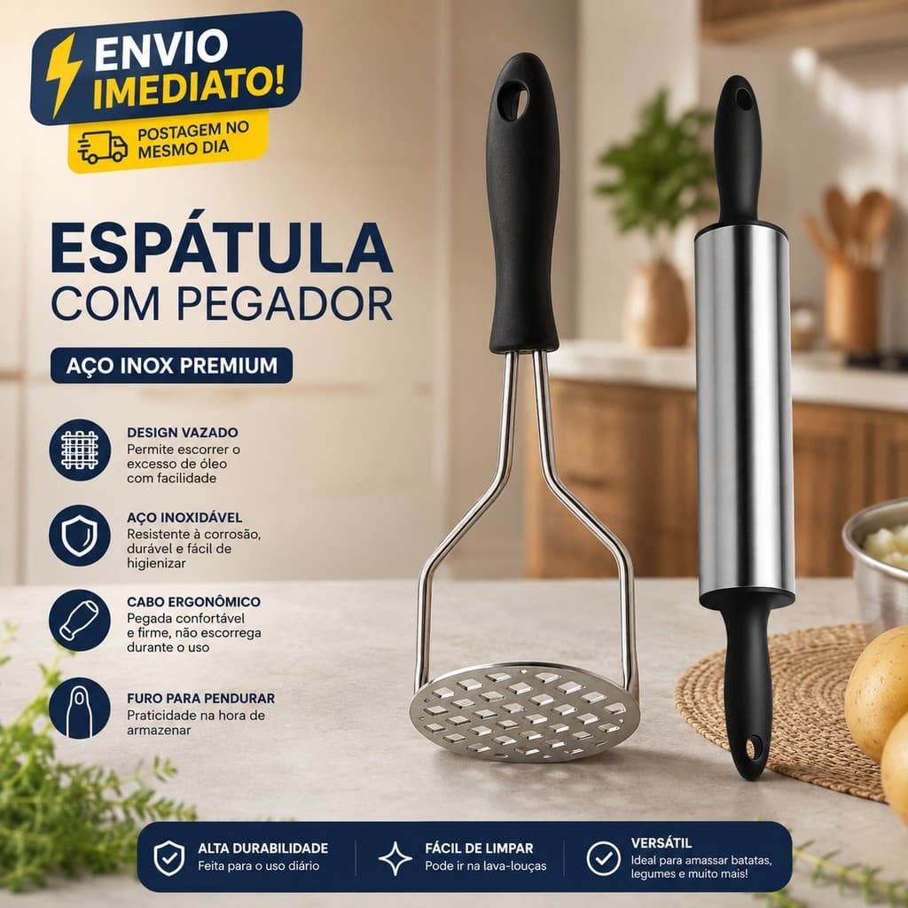 Kit 2 Peças Amassador de Batata Inox Cabo Inox ou Cabo Plástico e Rolo Cilindro para Abrir Massa Preto ou Vermelho
