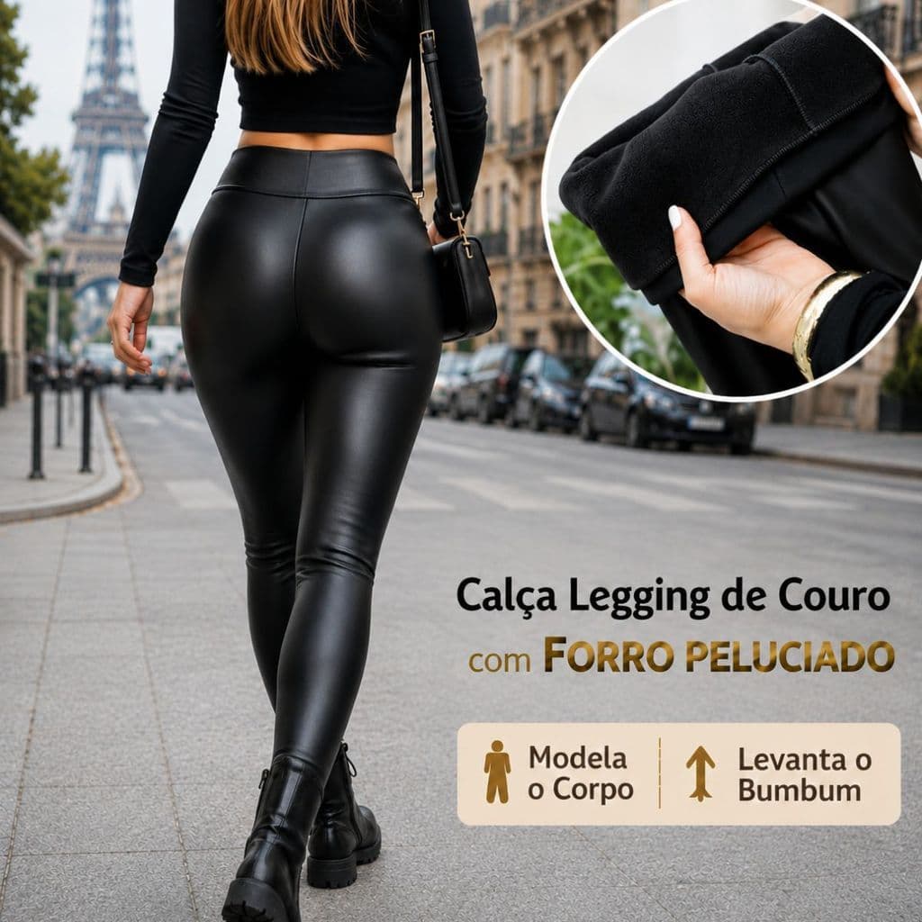 Calça Legging Couro Sintético Peluciada Cintura Alta Modeladora Inverno Feminina