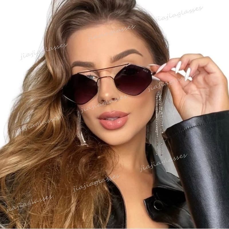Retro Estilo Diamante Óculos De Sol De Metal Para Mulheres Homens Feixes Duplos Poligonal Oceano Folha Ao Ar Livre Tons
