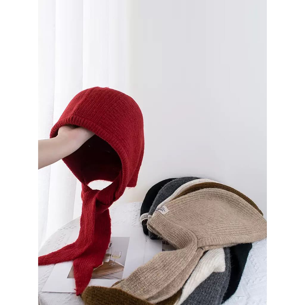 Balakrafa chapéu atado de lã de malha feminino outono inverno proteção de orelha cachecol quente de uma peça cachecol co
