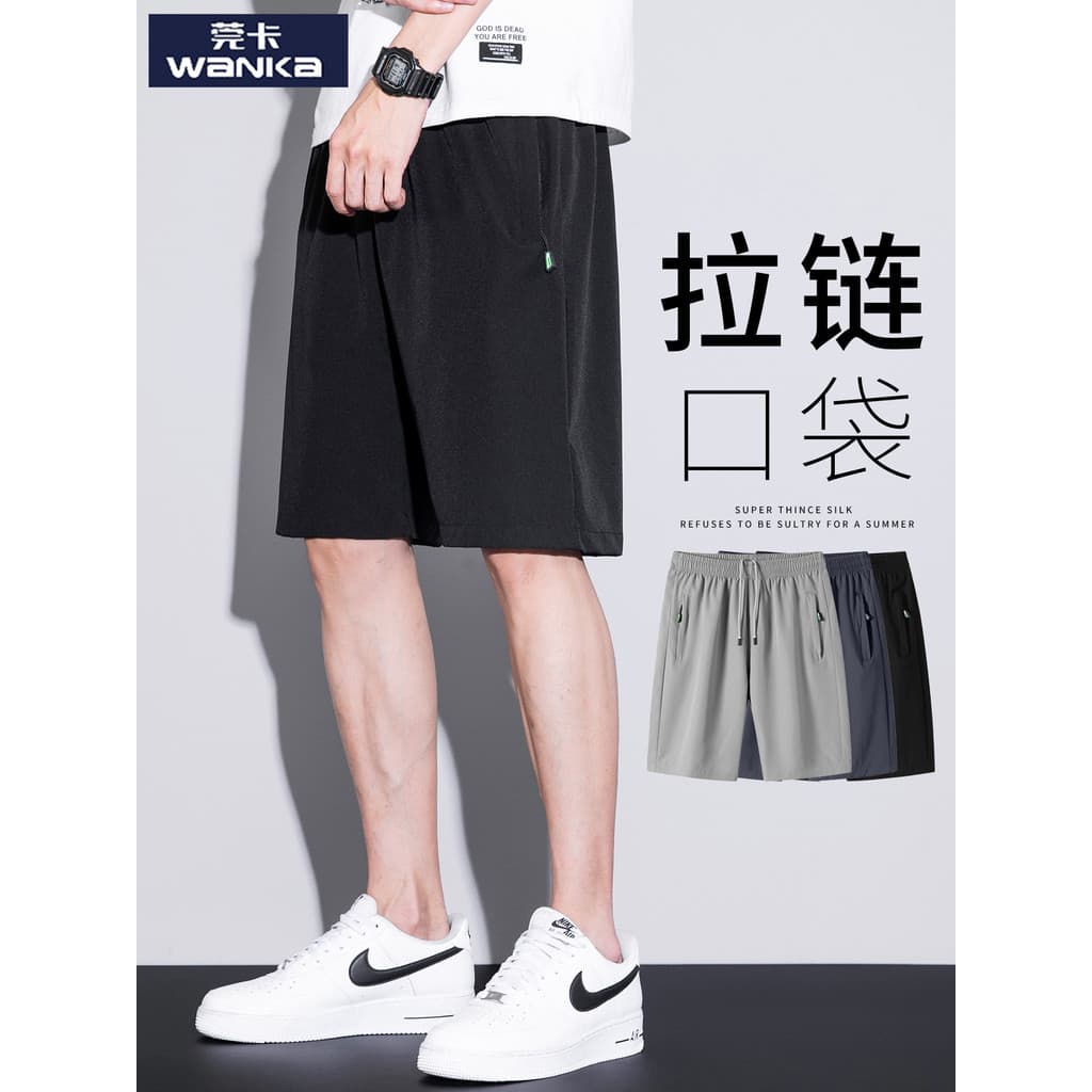 Calções de 5 pontos de seda gelo masculino verão fino calças de cinco pontos soltas calças de praia Street Wear Casual c