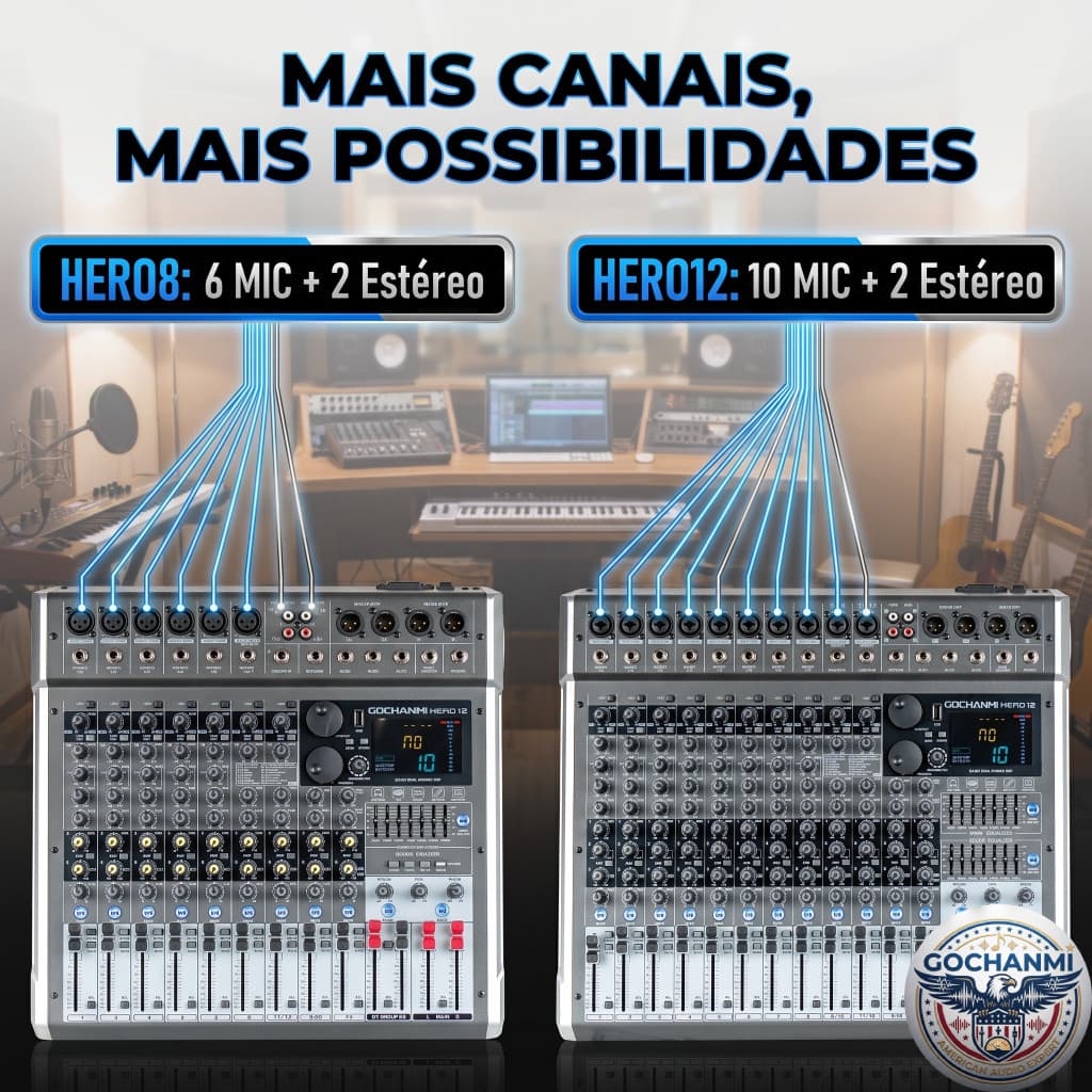 Mixer Profissional 8 ou 12 Canais GOCHANMI com USB Efeitos DSP e Equalizador Gráfico