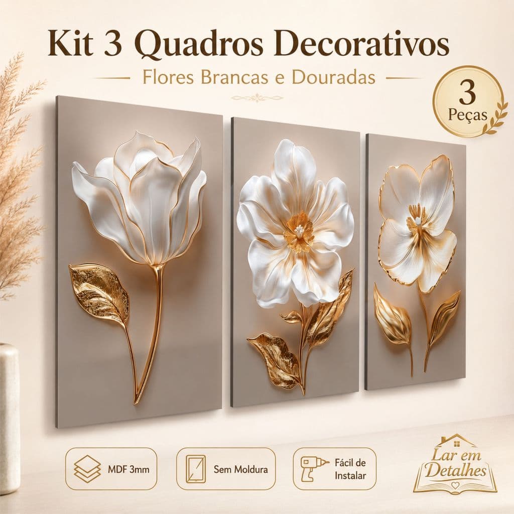 Kit 3 Quadros Decorativos Flores Brancas e Douradas em MDF Sem Moldura para Sala e Quarto