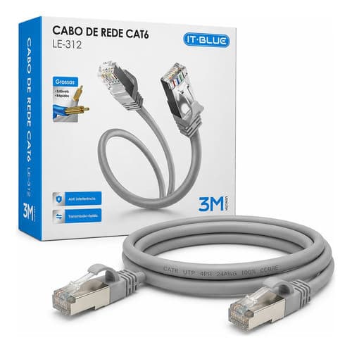 Cabo Rede CAT6 3m RJ45 100% Cobre Ethernet Gigabit para PC Gamer Roteador Smart TV PS5 Xbox