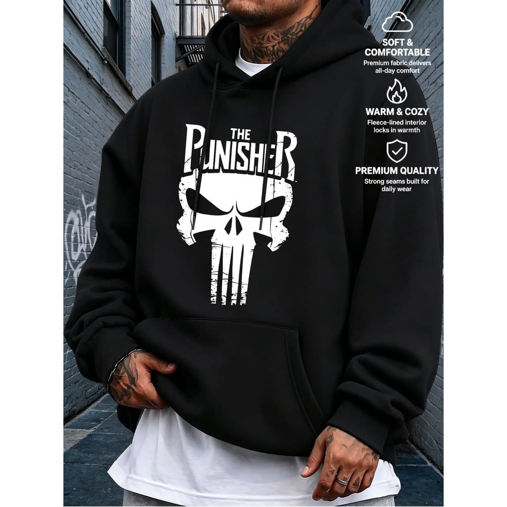 Moletom com Capuz Masculina, Estampado de Caveira Punisher Estilo Americano Dark, Sweatshirt Casual Masculina