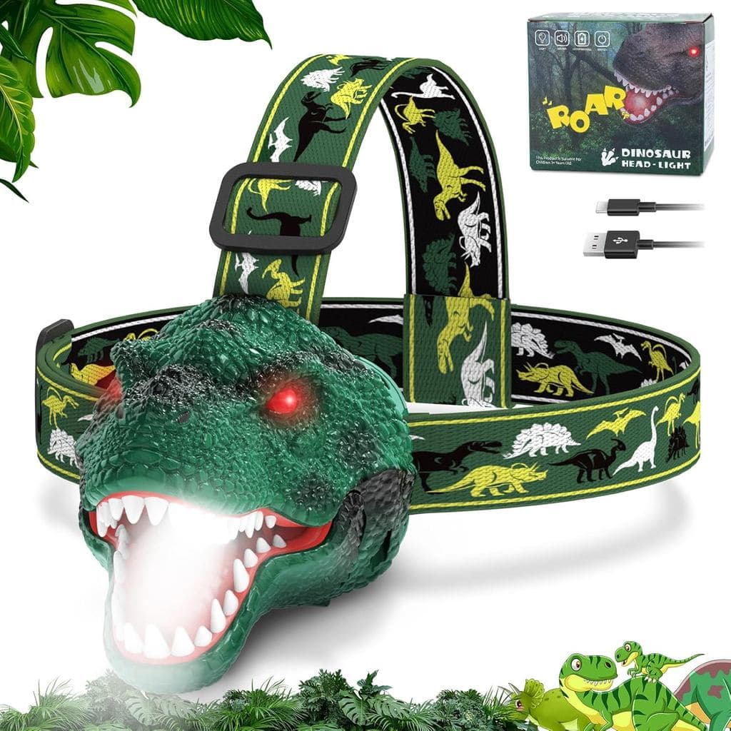 Lanterna de Cabeça de Dinossauro Nitigo para Crianças, Lanterna Recarregável LED com Modo de Rugido e Silencioso, Brinqu