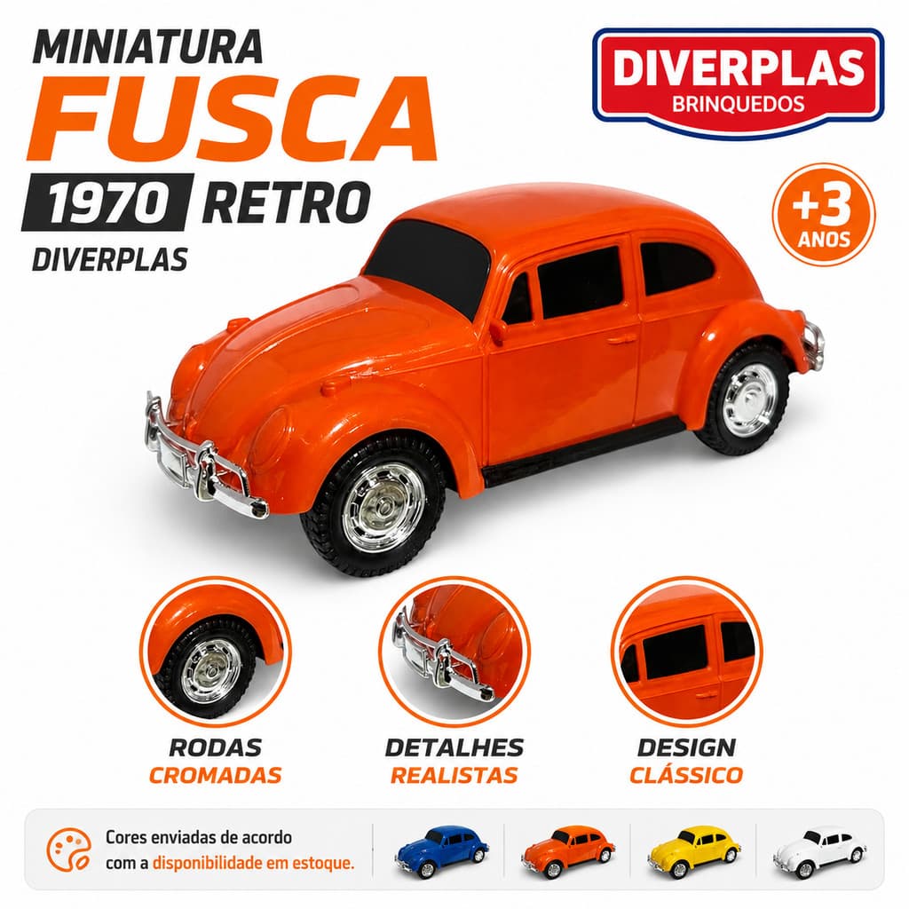Miniatura Carro Fusca Retro Brinquedo plástico 1970 Diverplas