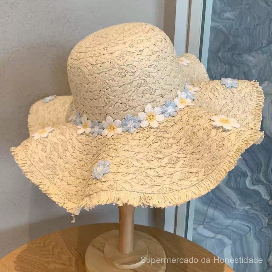 Chapéu de palha floral azul e branco para mulheres, estilo fotografia de férias na praia, versátil e simples, chapéu de