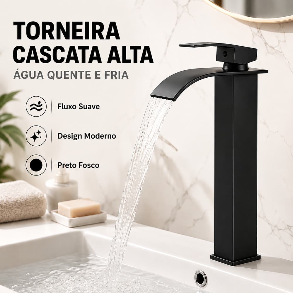 Torneira Cascata Alta para Banheiro Monocomando Quente e Fria Preta Fosca Cuba de Apoio Lavatório