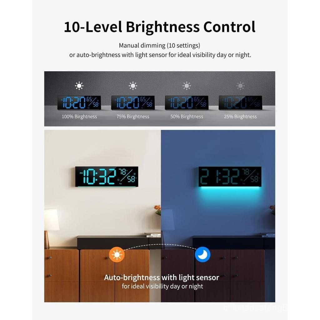 Relógio de Parede Digital, Relógio Digital de Grande Display com 11 Cores RGB, Relógio de Parede com Luz Noturna, Alarme