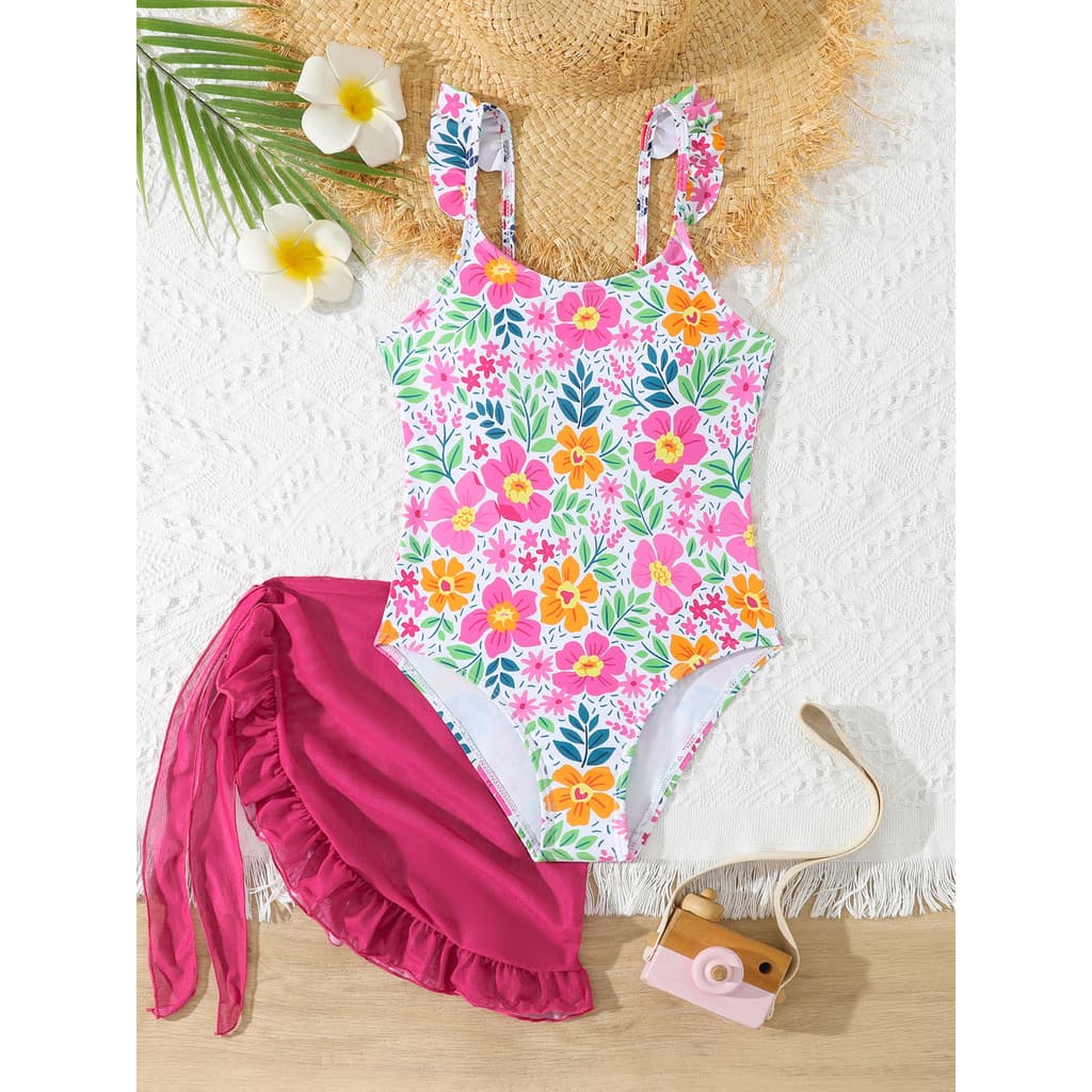 Maiôs De Uma Peça Para Meninas Com Sarongues De Praia , Trajes De Banho Infantis , Biquíni Floral , Baech Usa Roupa De 8