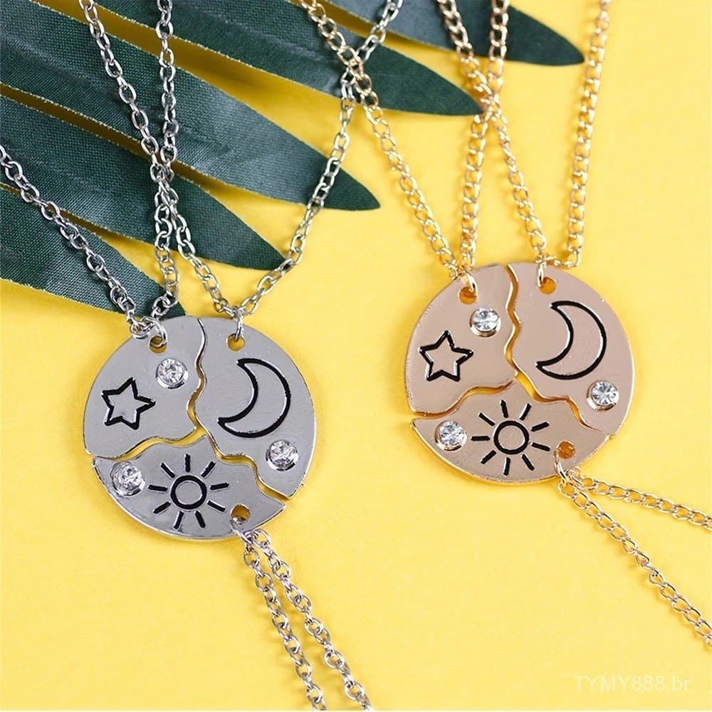 Conjunto de 3 peças Colar com Pingente de Sol, Lua e Estrela Melhor Amiga Namorada Casal Joias de Moda Presente