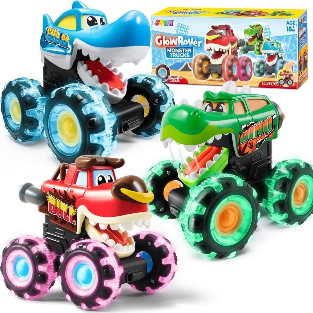 Brinquedos infantis JOYIN, conjunto de 3 peças de caminhão monstro, carro com luzes ativadas por sensor, carro de empurr