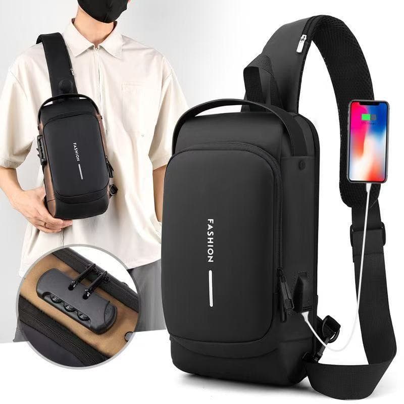 Bolsa Transversal Masculina Impermeável Antifurto Bolsa de Peito Moto Cadeado USB Ombro