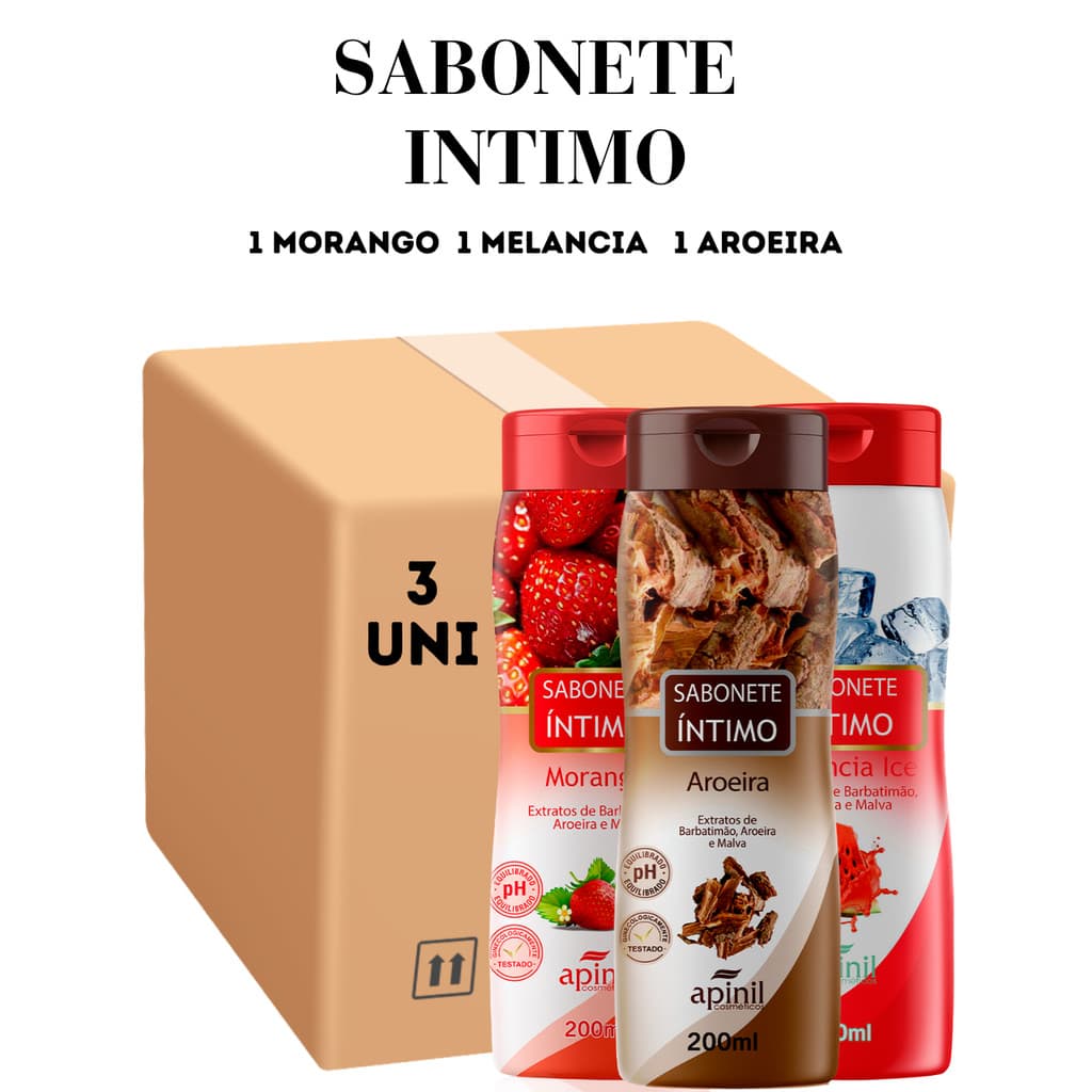 Kit 03 Unidades Sabonete Intimo 1 Morango 1 Melancia 1 Aroeira 200ML Apinil - Promoção e Oferta (Campanha)