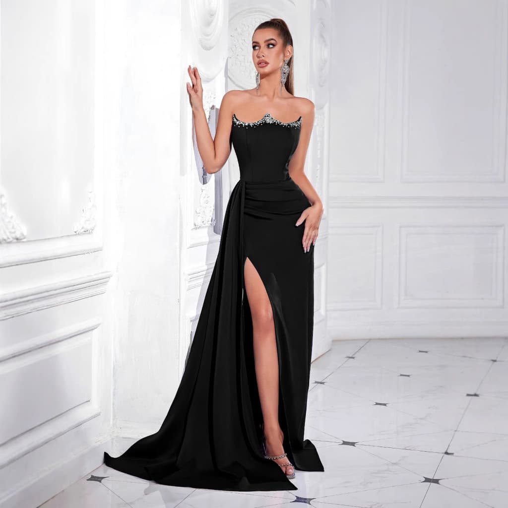Vestido de noite sem alças de cor sólida, estilo europeu e americano, com fenda e detalhes de diamantes, luxuoso e elega
