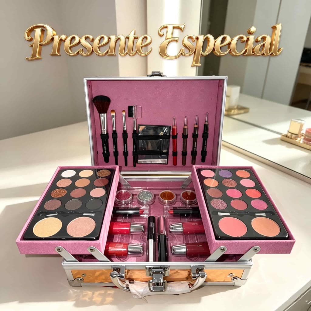 Maleta Completa de Maquiagem 23x17cm Rosa ou Dourado Kit Profissional Sombras Blush Batom Pincéis Presente Feminino