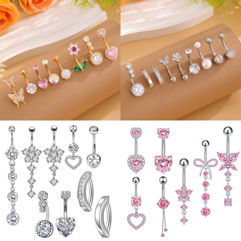 Anel de umbigo em formato de coração, incrustado com zircônia e pingente de borboleta, joia de piercing corporal feminin