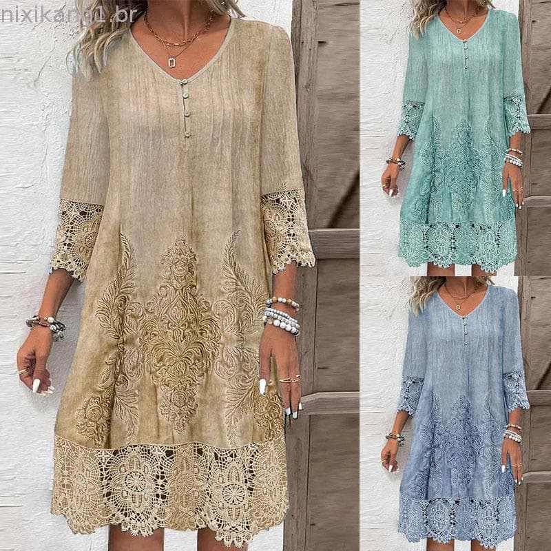 Primavera outono cor sólida vestido de renda senhoras Casual solto vestido de comprimento médio