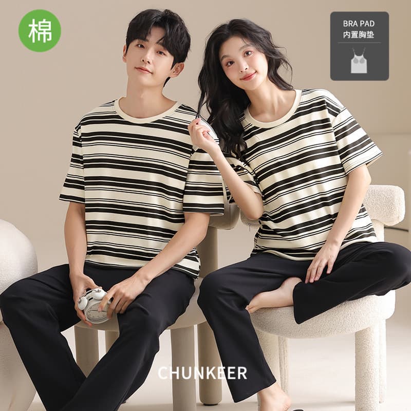 Casal pijamas verão puro algodão calças de manga curta masculino feminino verão novo estilo Casual Homewear com almofada