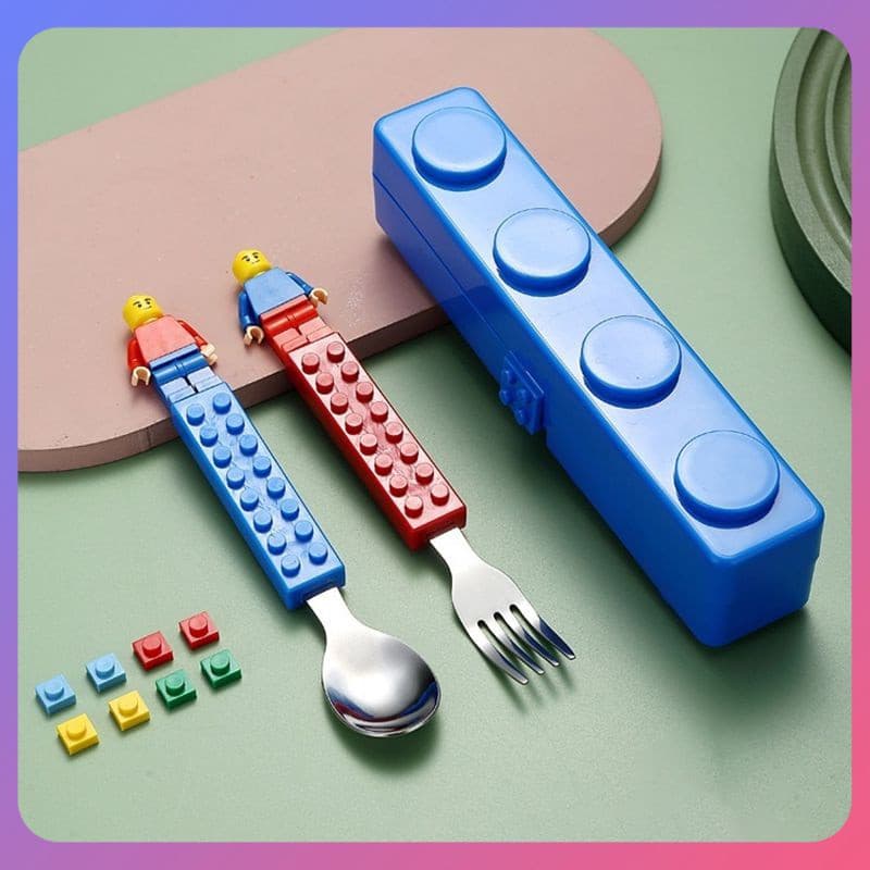 ☛ Lego Blocos de Construção Garfo Colher Conjunto de Talheres de Aço Inoxidável Bebê Cartoon Talheres de Aço Inoxidável