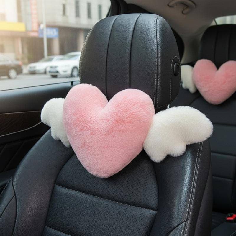 Almofada para Carro em Forma de Coração Rosa com Asas de Anjo, Almofada de Pelúcia Macia para Suporte Lombar, para Decor
