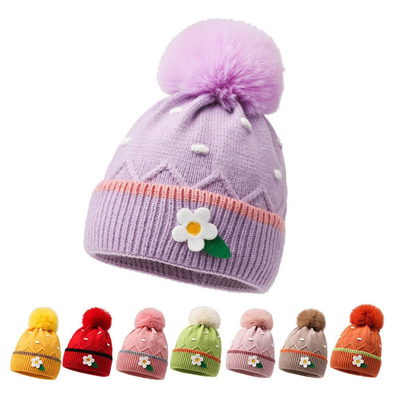 Novo gorro infantil para outono e inverno, quente e super fofo, feito de lã tricotada com pequenas flores IEXI.