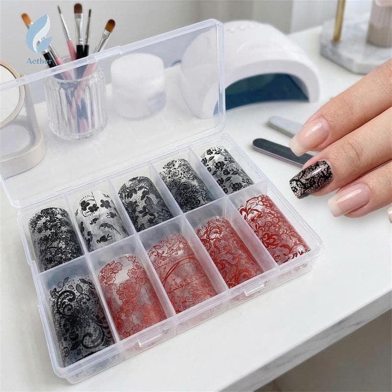 Aether Branco Vermelho Laço Flor Padrão 10 Rolos Folhas De Transferência De Unhas Conjunto Para Arte Criativa Do Prego D