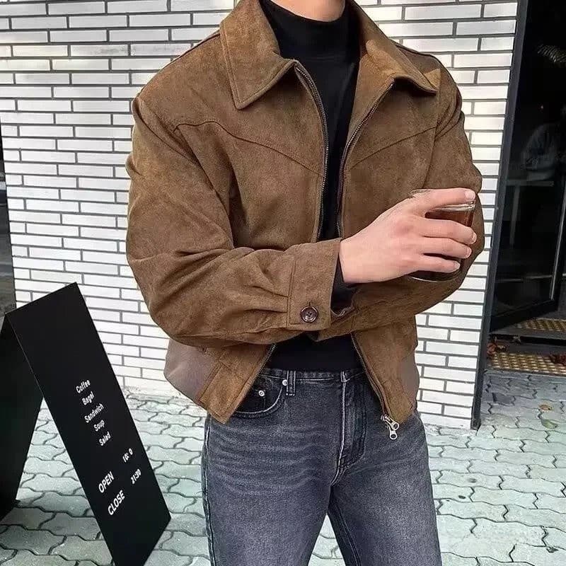 Jaqueta masculina versátil de couro camurça estilo vintage americano na cor marrom café Maillard com lapela entalhada 06