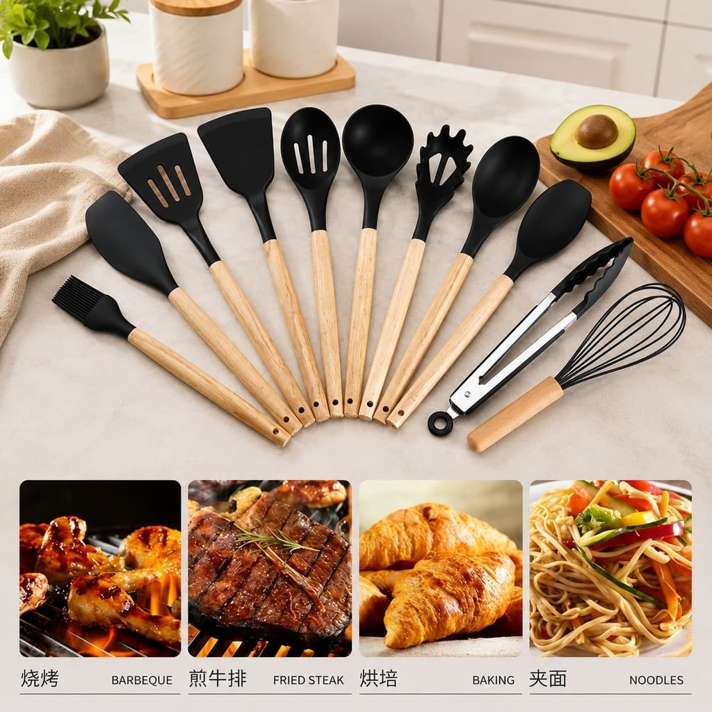 Kit Utensílios de Cozinha 12 Peças em Silicone Premium com Cabo de Madeira, Antiaderente, Resistente ao Calor e Suporte