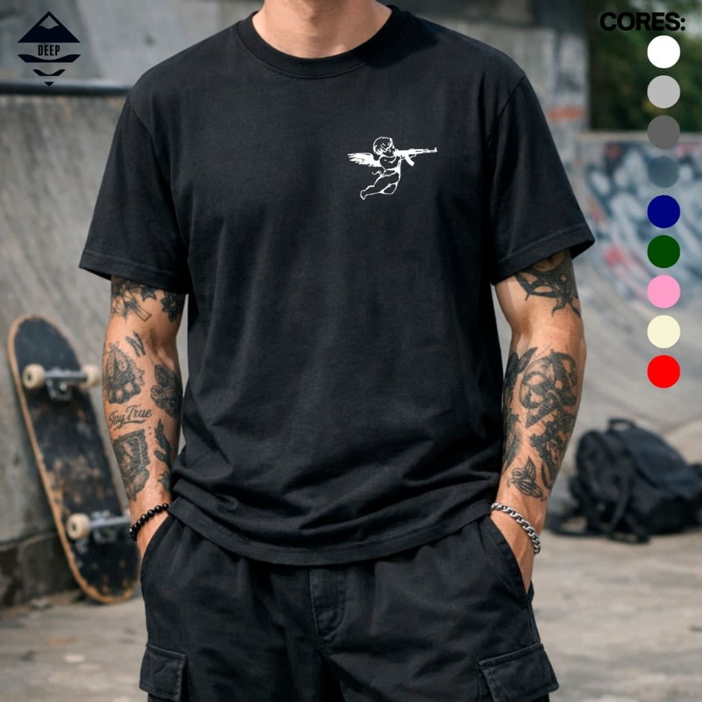 Camiseta Anjo Com AK47 Old School Unissex 100% Algodão Alta Qualidade Varias Cores Confortável