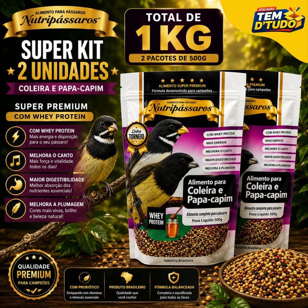 Kit 2 Ração Coleira e Papa-Capim Torneio C/ Whey Protein Nutri Super Premium Nutripassaros 500g