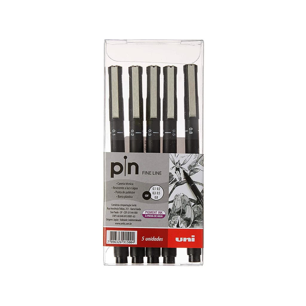 Kit Caneta Nanquim Uni Pin Preta Com 5 Unidades