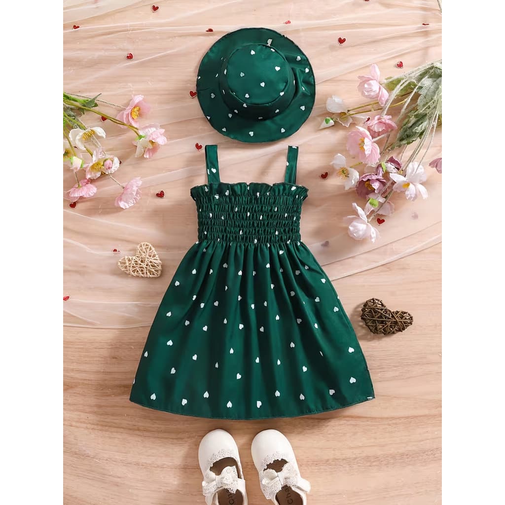 Vestido Bebe Menina 6 a 36 Meses Verde Alcinha Estampa de Coração Boné Presente Aniversário Festa