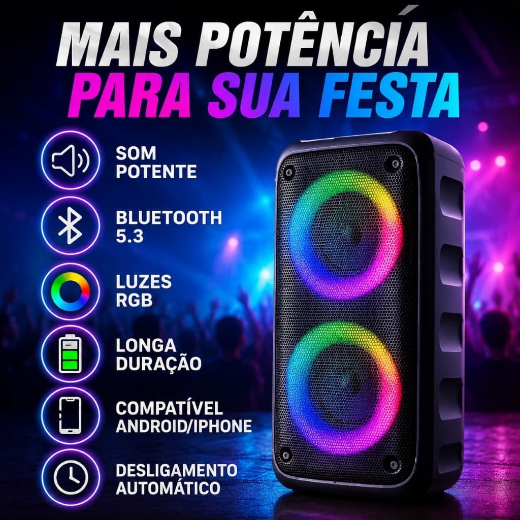Super Caixa de Som Bluetooth POTENTE 1266 RGB 20W Duplo Alto-Falante USB AUX Bateria Portátil