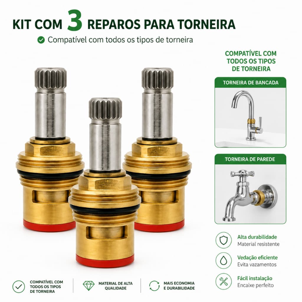 Kit 3 Reparo 1/4 Volta M18 Cartucho Cerâmico Direito 16 Estrias para Torneiras padrão DECA