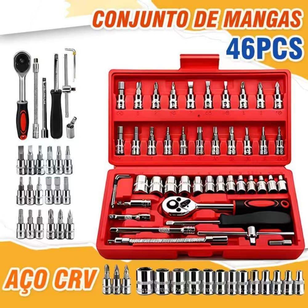 Linha Completa de Ferramentas de Reparo 46 Peças, Soquetes e Acessórios de Extensão com Maleta Protetora