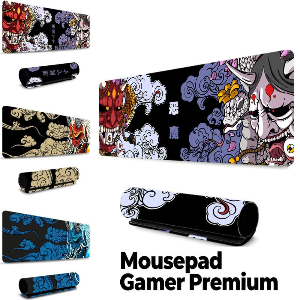 Tapete Gamer Máscara Hannya, borda costurada, base borracha antiderrapante, à prova d'água para mesa notebook