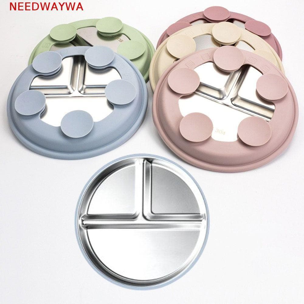NEEDWAYWA Prato De Jantar Com Ventosa Para Bebê , Design Dividido , Antiderrapante , 3 Grades , Pratos Infantis , Aço In