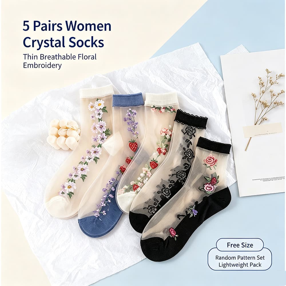 5 Pares De Meias Femininas Transparentes Com Bordado Floral No Tornozelo , Finas E Respiráveis Diárias