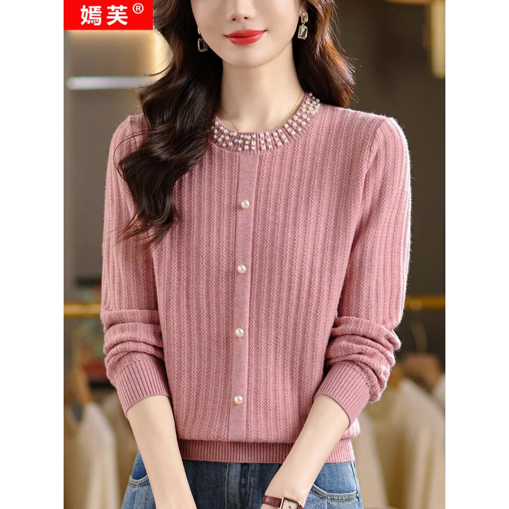 Yanfu 2026 primavera novo estilo em torno do pescoço camisola feminina solta mais magro olhar de malha camisa de fundo m