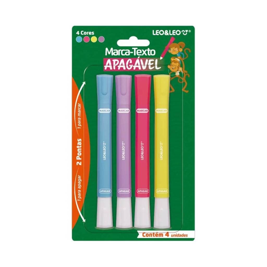 Kit Marca Texto Apagável 4 Cores Ponta Chanfrada Leo&Leo